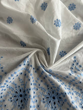 Load image into Gallery viewer, Cotton embroidered eyelet woven: 1.75 YD CUT REMNANT White baby blue embroidered floral ⭐️
