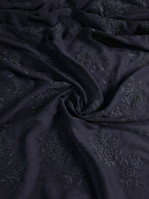 Load image into Gallery viewer, Rayon crinkle embroidered woven: 3 YD CUT REMNANT Navy embroidered floral ⭐️
