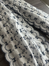 Load image into Gallery viewer, Cotton embroidered woven (scalloped edge): 3.25 YD CUT REMNANT White black bow floral design ⭐️

