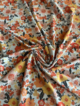 Load image into Gallery viewer, ITY Moss crepe: 2.5 YD CUT REMNANT Off white vibrant orange yellow floral ⭐️
