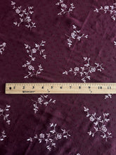 Load image into Gallery viewer, Swiss dot embroidered chiffon woven: 4.25 YD CUT REMNANT Burgundy shiny light pink embroidered floral ⭐️
