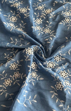 Load image into Gallery viewer, Embroidered eyelet woven: 3.5 YD CUT REMNANT Steel blue embroidered eyelet floral ⭐️
