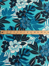 Load image into Gallery viewer, Textured stretchy knit: 4.5 YD CUT REMNANT Aqua deep blue floral ⭐️
