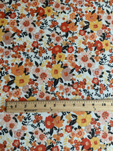 Load image into Gallery viewer, ITY Moss crepe: 2.5 YD CUT REMNANT Off white vibrant orange yellow floral ⭐️
