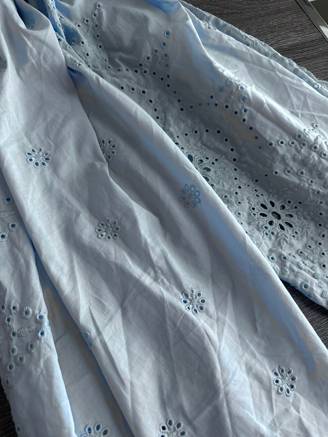 Cotton embroidered eyelet woven: 4.5 YD CUT REMNANT Light blue embroidered floral ⭐️