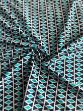Load image into Gallery viewer, Swim spandex: 3 YD CUT REMNANT Navy white aqua geometric print ⭐️
