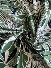 Load image into Gallery viewer, Swim spandex: 2.25 YD CUT REMNANT Ivory forest green black tropical leaves ⭐️
