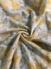 Load image into Gallery viewer, Poly linen blend: 4.75 YD CUT REMNANT White pale yellow sage roses ⭐️
