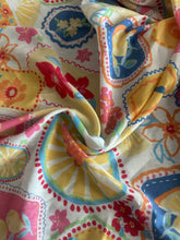 Load image into Gallery viewer, Poly cotton blend woven (Scalloped eyelet on 1 edge): 4 YD CUT REMNANT Off White yellow blue red lemon floral design ⭐️
