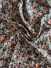 Load image into Gallery viewer, Poly peach crepe woven: 3 YD CUT REMNANT Black sage blue peach floral ⭐️

