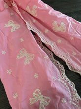 Load image into Gallery viewer, Cotton embroidered eyelet woven (scalloped edges): REMNANT(S) Barbie pink embroidered floral bow design ⭐️
