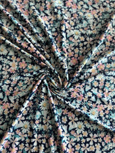 Load image into Gallery viewer, ITY moss crepe (doris crepe): 3 YD CUT REMNANT Navy aqua blue pink yellow floral ⭐️
