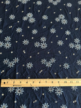 Load image into Gallery viewer, Rayon crinkle embroidered woven: 3.5 YD CUT REMNANT Navy blue off white embroidered flowers ⭐️

