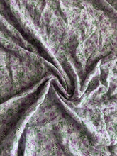 Load image into Gallery viewer, Rayon crinkle embroidered eyelet woven: 3.25 YD CUT REMNANT Lavender lilac green floral ⭐️
