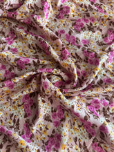 Load image into Gallery viewer, 100% rayon crepe woven: 3 YD CUT REMNANT Baby pink magenta yellow floral ⭐️
