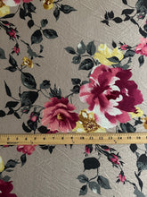 Load image into Gallery viewer, Jersey rayon spandex: 3 YD CUT REMNANT Warm taupe large magenta yellow floral ⭐️
