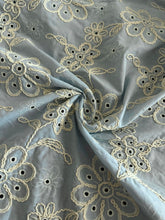 Load image into Gallery viewer, Cotton embroidered eyelet woven: 4.25 YD CUT REMNANT Baby blue thick embroidered floral ⭐️
