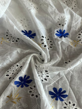 Load image into Gallery viewer, Cotton embroidered eyelet woven: 4.25 YD CUT REMNANT White embroidered blue yellow floral ⭐️

