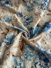 Load image into Gallery viewer, Cotton embroidered eyelet woven: 3.5 YD CUT REMNANT Ivory brown blue floral ⭐️
