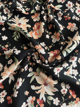 Load image into Gallery viewer, Rayon linen: 3 YD CUT REMNANT Black peach flowers ⭐️

