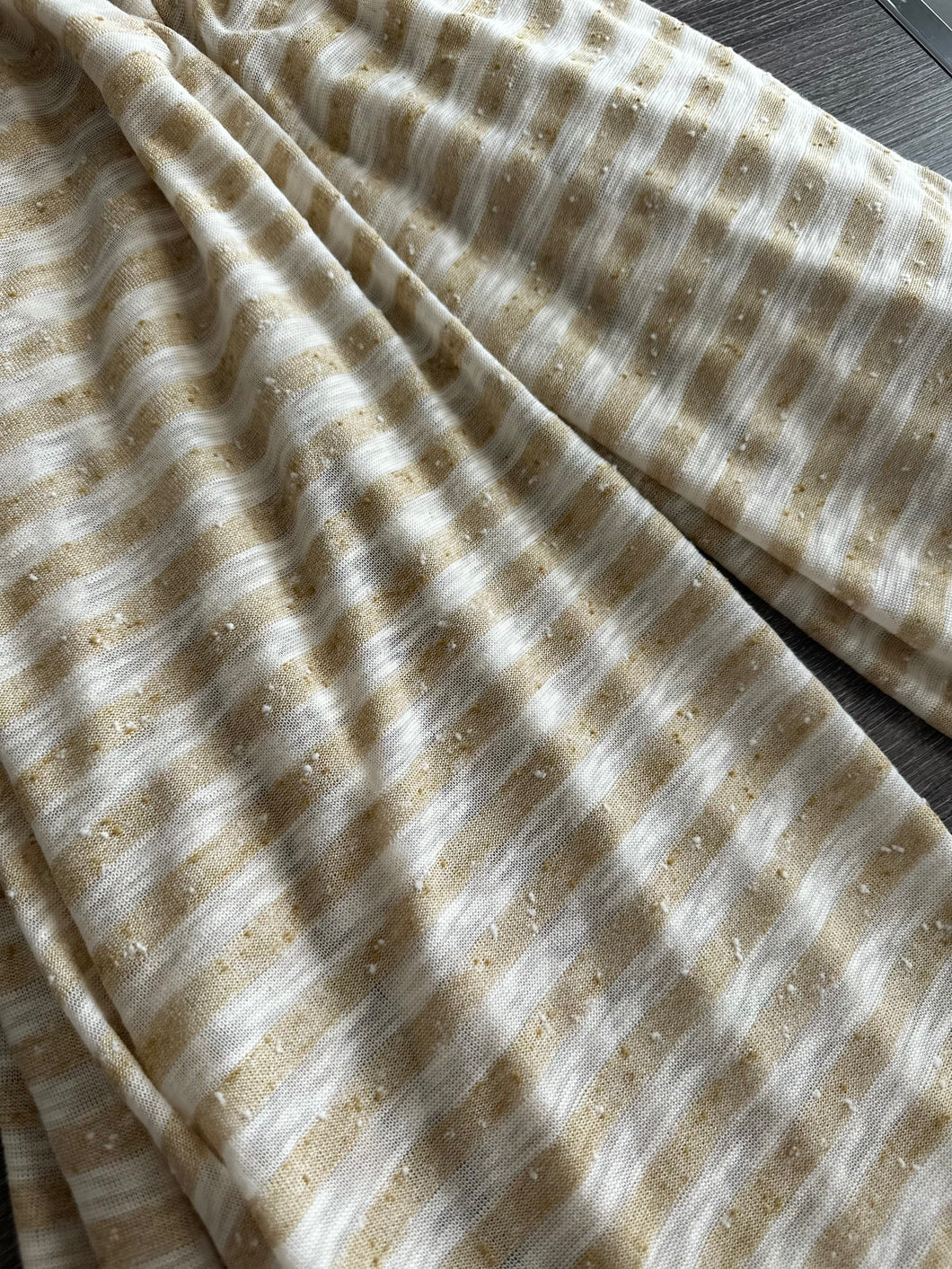 Stretchy knit w/ fuzz (feels like gauze: sheer): 2.5 YD CUT REMNANT Cream gold lines ⭐️