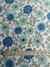 Load image into Gallery viewer, Double brushed poly: 1.75 YD CUT REMNANT White blue aqua yellow flowers ⭐️
