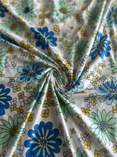 Load image into Gallery viewer, Double brushed poly: 1.75 YD CUT REMNANT White blue aqua yellow flowers ⭐️
