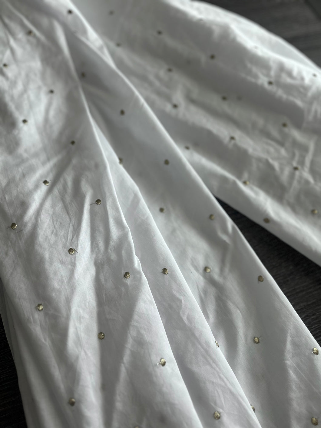 Poly cotton embroidery: 3 YD CUT REMNANT White gold dots ⭐️